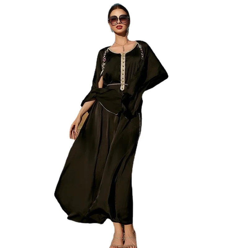 

Hand-Beaded Fake Two-Piece Maxi Long Dress Black Gold Ribbon Cloak Abaya Beach Tourism Dubai Moroccan Caftan 2022 New