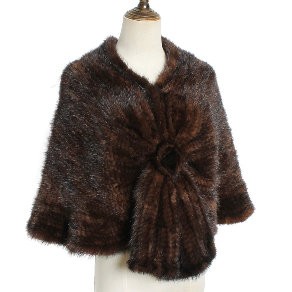 Женская шаль из 100% натурального меха норки Модная вязаная с цветочным дизайном