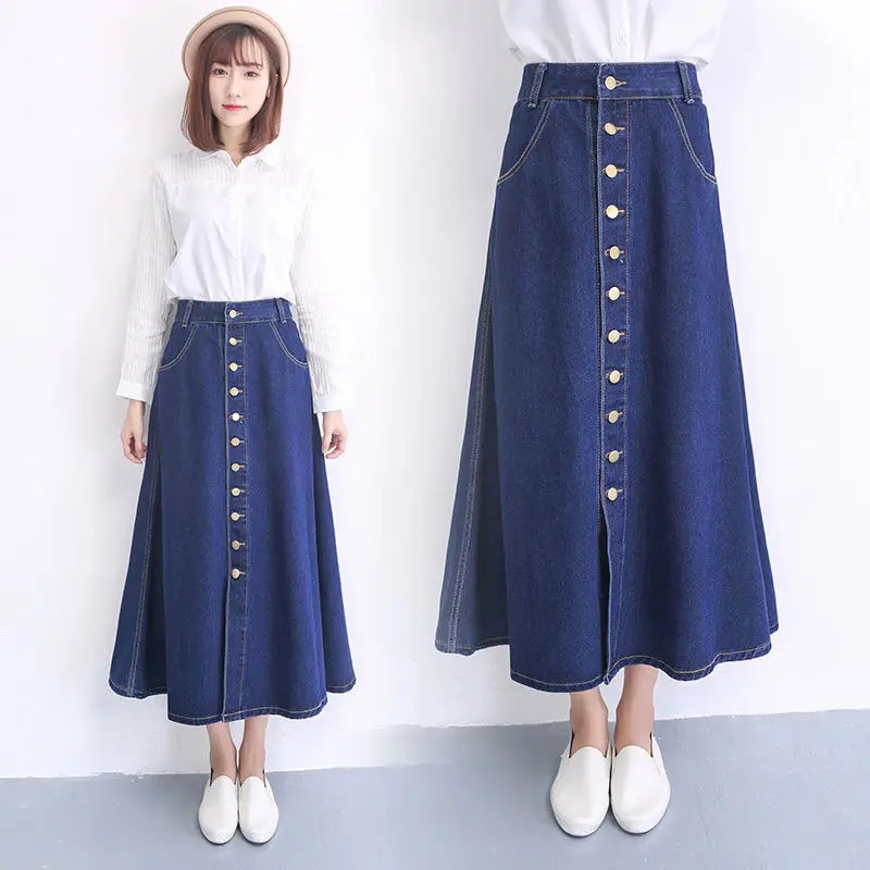 

Women 2022 Spring Autumn New Korean High-waisted Denim Skirts Female Long A-line Skirts Ladies Loose Buttons Jeans Skirts J122