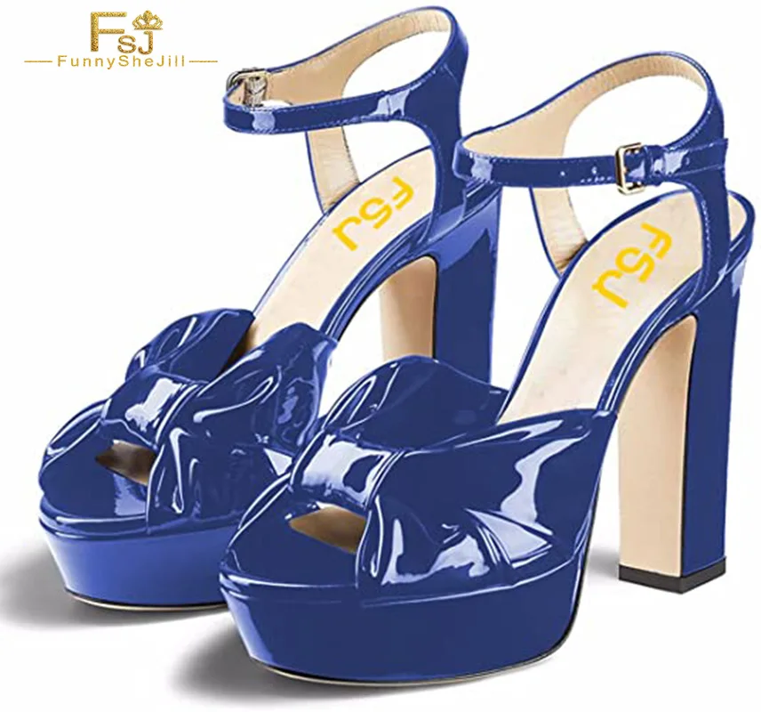 

FSJ Women Blue Bowtie Peep Toe Platform Chunky High Heel Sandals Ankle Strap Wedding Party Evening Date Ladies Shoes 2022 Summer