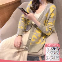 sweater print knitted tops women autumn winter cardigan korean fashion long sleeves v neck buttons winter clothes women coat