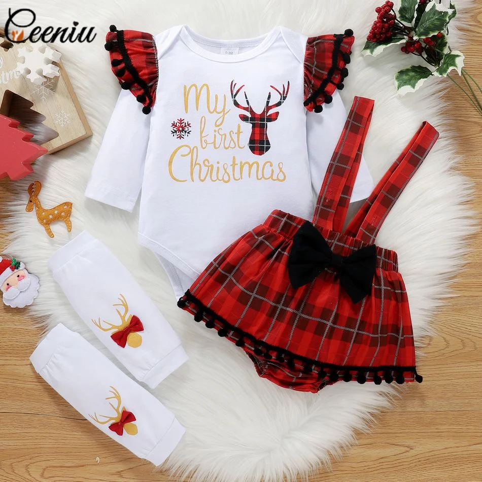 

Ceeniu 0-18M My First Baby Girl Christmas Outfits Letter Romper+Suspender Tassel Plaid Bodysuit+Knee Pads New Year Baby Costume