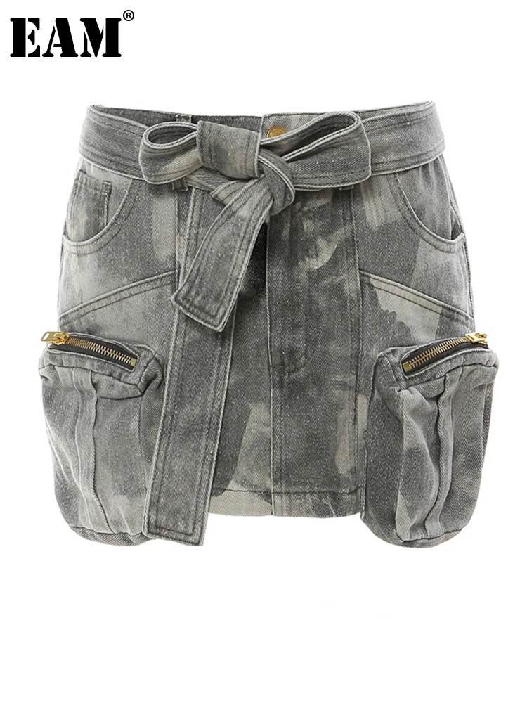 

[EAM] High Waist Gray Denim Pocket Bandage Mini Cargo Half-body Skirt Women Fashion Tide New Spring Autumn 2023 17A3602H