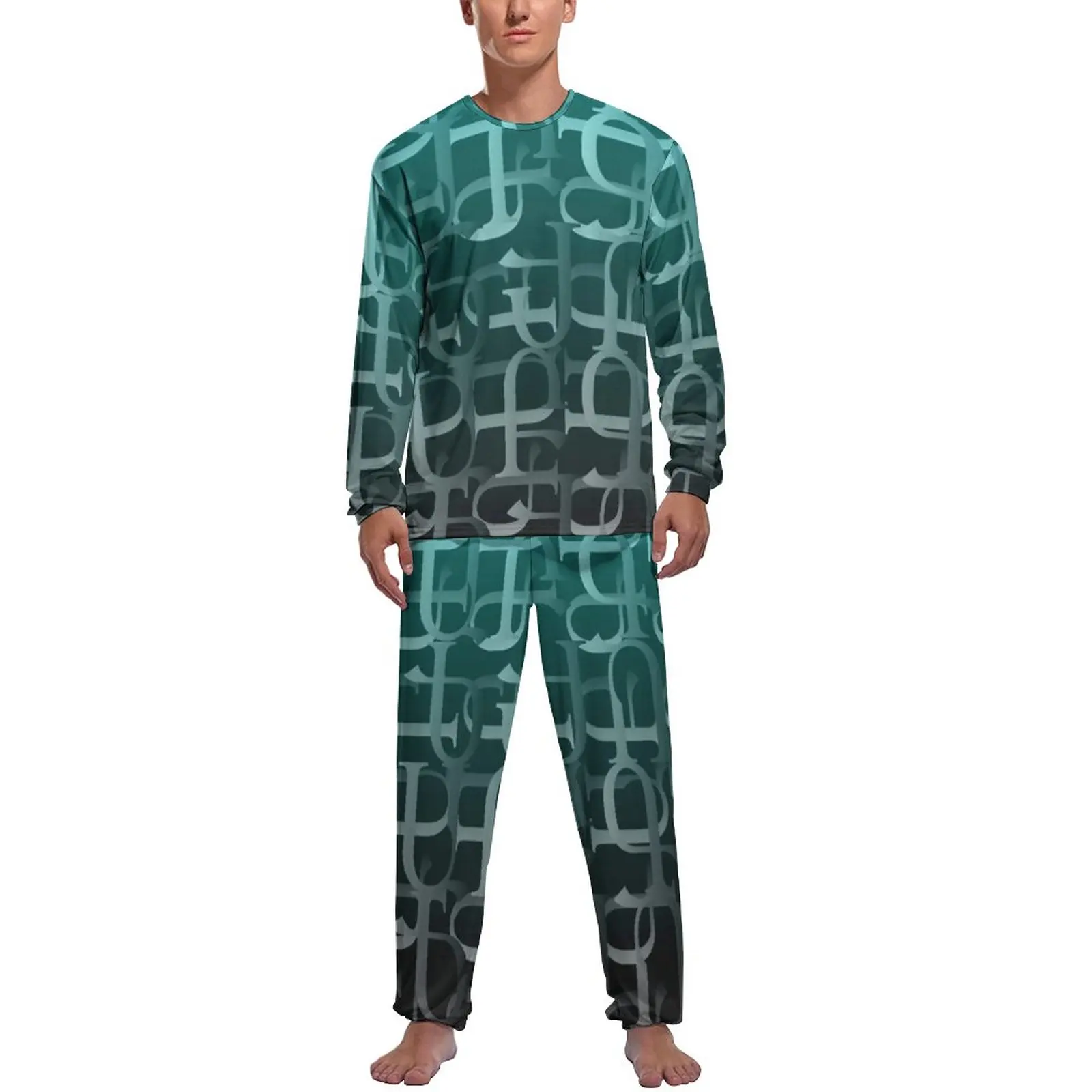 Abstract Letter Print Pajamas Fun Typography Men Long-Sleeve Kawaii Pajama Sets Two Piece Leisure Spring Graphic Sleepwear Gift