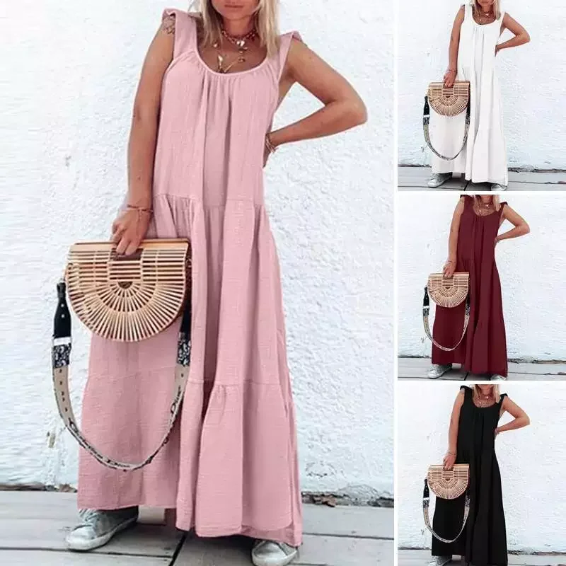 

Women's Summer Sundress ZANZEA 2022 Bohemian Solid Ruffle Dress Casual Beach Maxi Vestidos Female O Neck Tank Robe