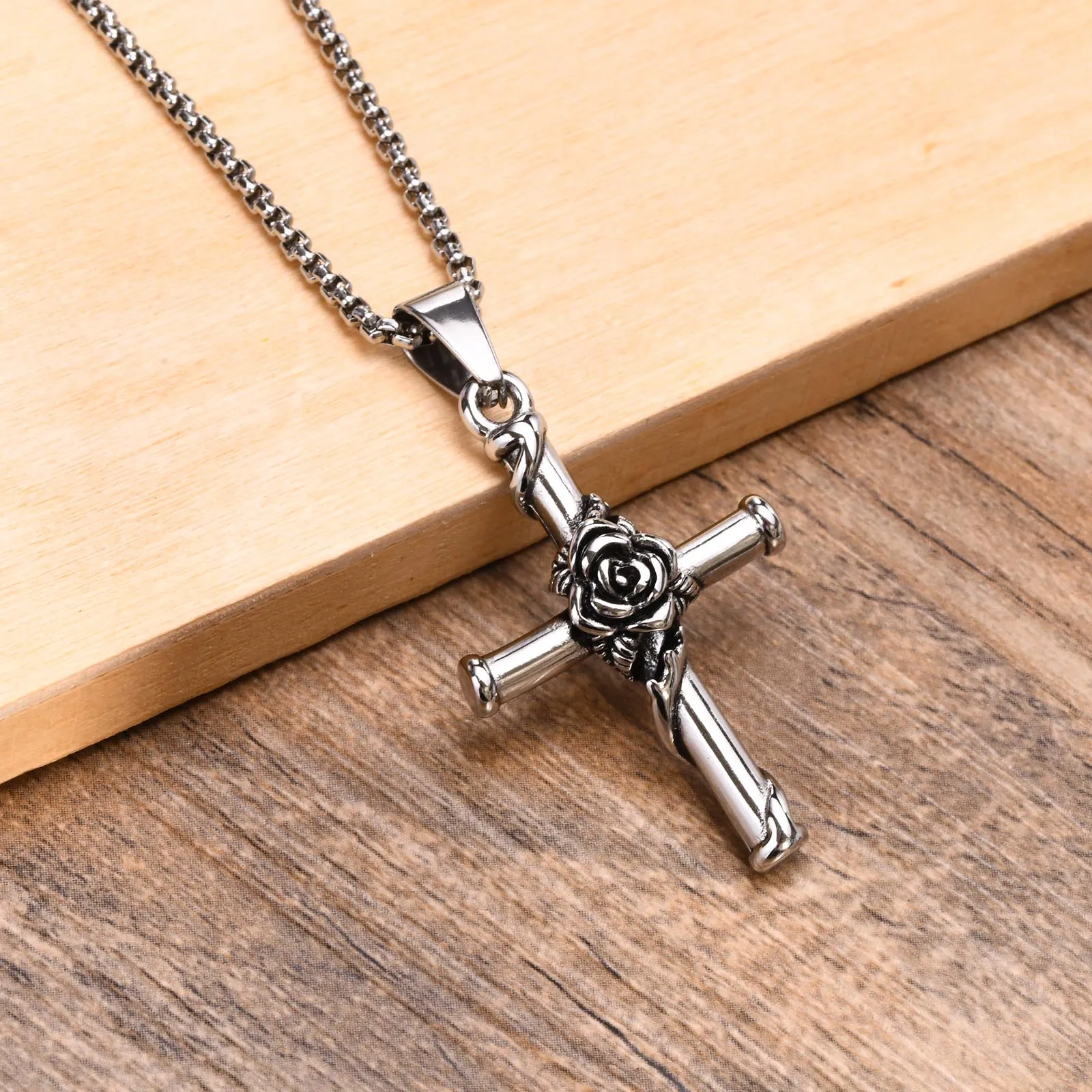 Rose Cross Necklace for Men Stainless Steel Floral Jewelry Religious