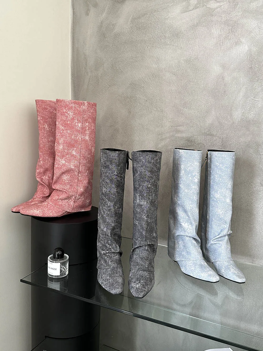 

Round Toe Women Knee High Boots Fashion Flat Low Heels Pink Black Blue Wedge Heels Pink Blue Black Side Zipper Winter Booties 39