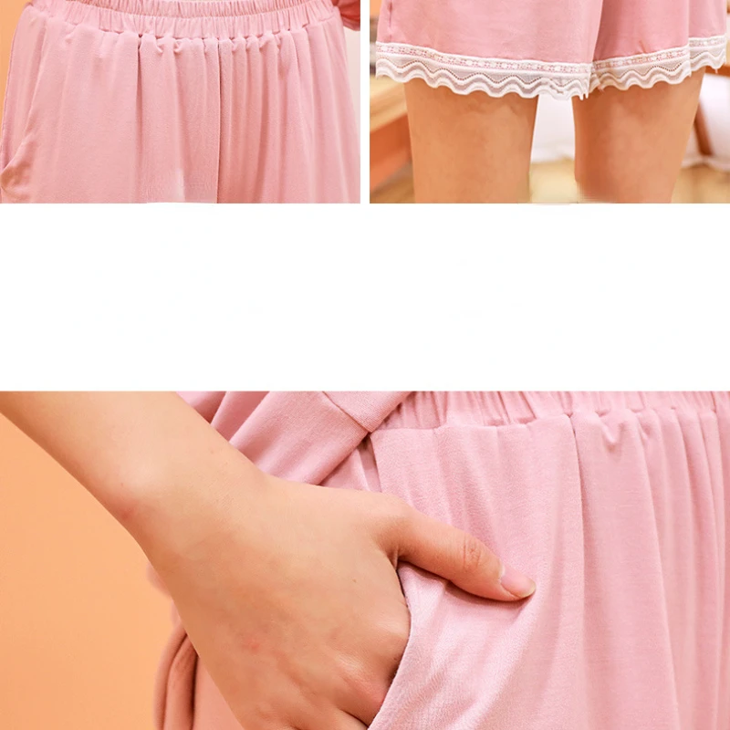 Pajamas for Women's Summer Fashionable Thin Short-sleeved Shorts Cool Feeling Home Suit Can Be Worn Outside Suit Lace Decoration
