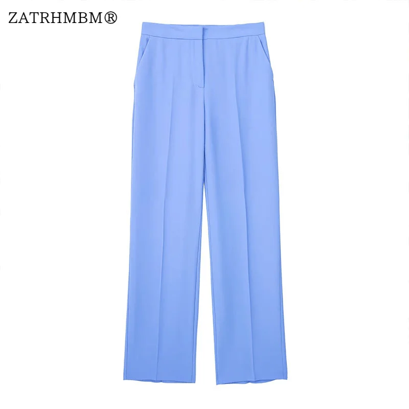 

ZATRHMBM Women 2023 Spring Fashion Casual Straight Pants Vintage Side Pockets High Waist Female Trousers Mujer