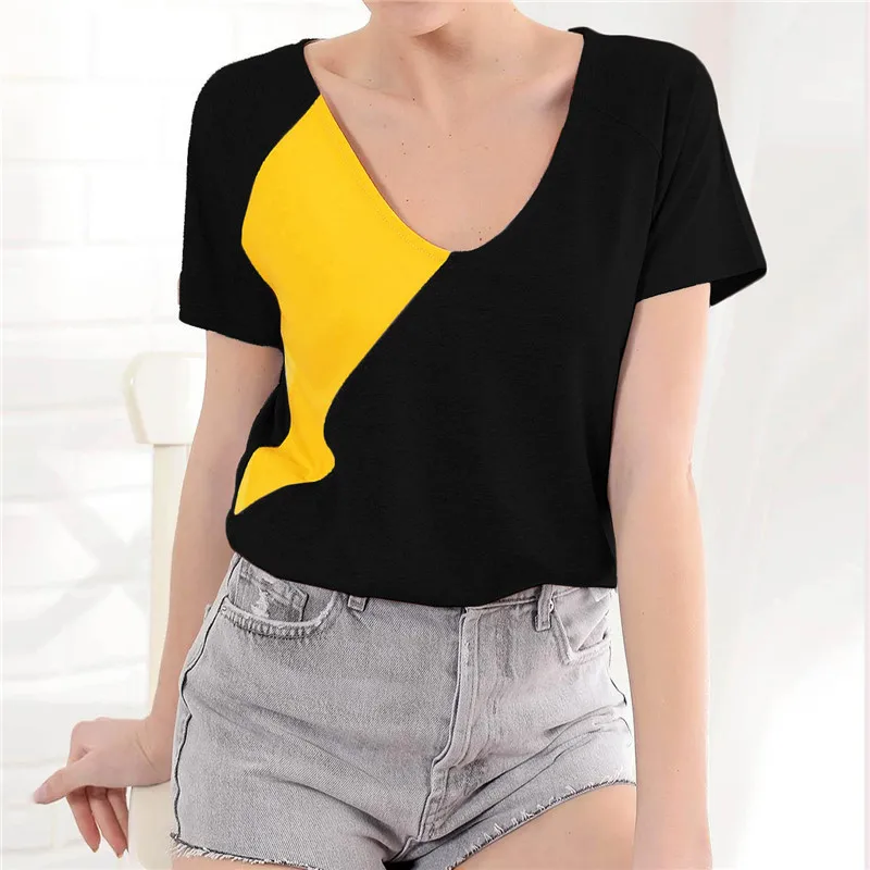 

Two Color Stitching Casual T Shirts Women O Neck Short Sleeve Loose Tops Summer New Fashion Simple Tees Oversized Homewear 2021