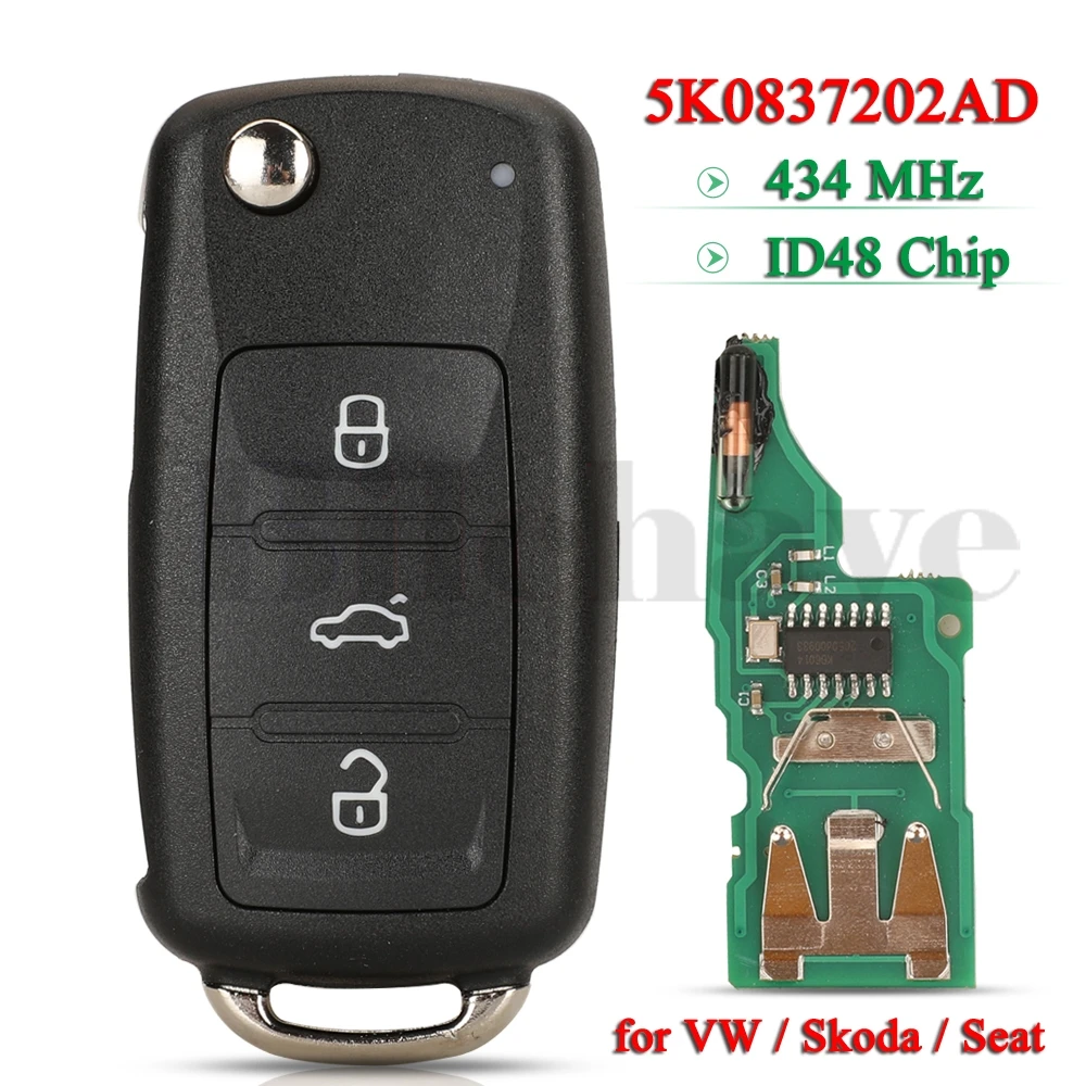 Jingyuqin 5k 0837202 Складной Дистанционный Ключ Ad 434 Мгц Id48 Для Vw Golf Mk6 Caddy Eos Jetta Polo Scirocco Tiguan