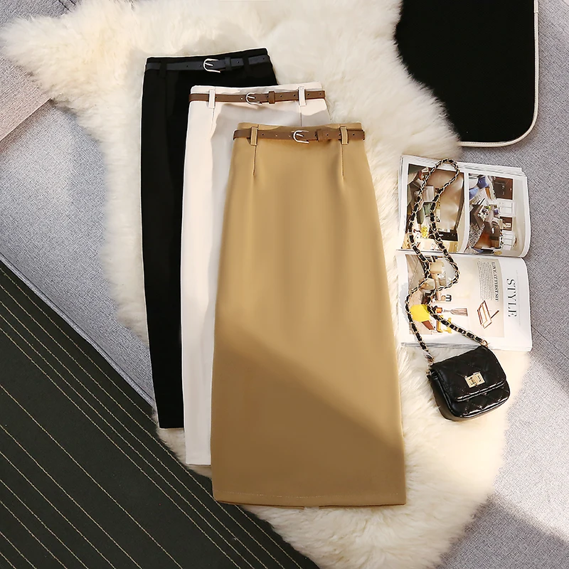 

Drape Suit Fabric Simple Skirt For Women 2022 Spring And Summer New Female Slim High Waist A-shaped Medium Length Casual Skirts