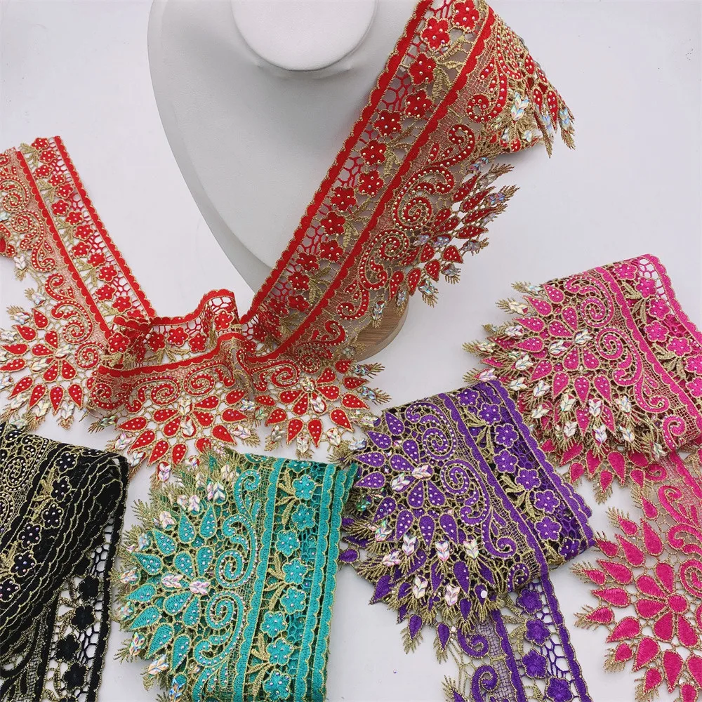 Много цветов ярдов стразы кружевная отделка металлические вышитые кружева