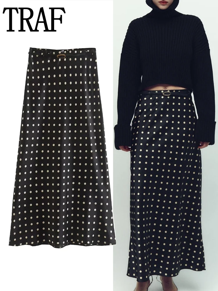 

Юбка-миди черная в горошек, с завышенной талией и поясом