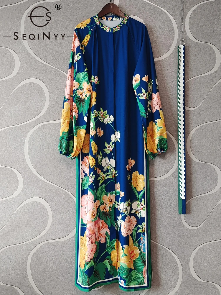 SEQINYY Elegant Long Dress Summer Spring New Fashion Design Women Runway High Street Vintage Flowers Print Loose Belt Casual
