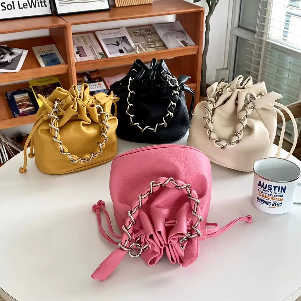 Women Solid Color Pu Leather Drawstring Bucket Bag 2022 Summer New Pleated Handbag  Luxury Designer Crossbody Shopper Bag Female