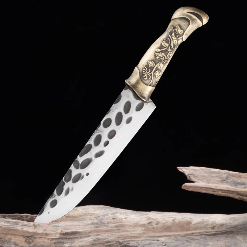 

Longquan Knives Copper Handle 7Cr17MoV Steel 7.3 Inch Sharp Cleaver Utility Boning Steak BBQ Hunting Kitchen Knife With Holster