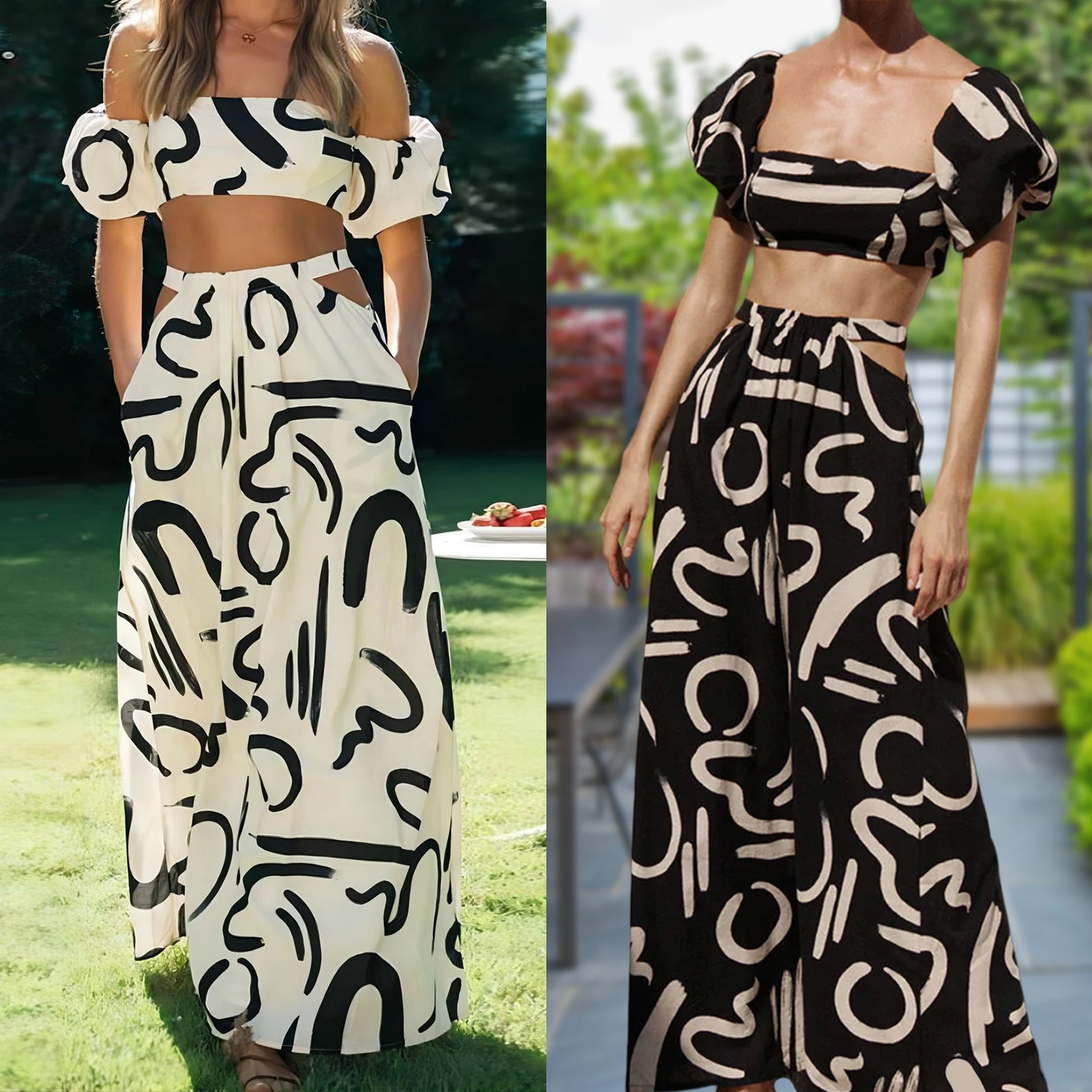 

Women Sexy Maxi Skirt Set Off Shoulder Printed T-shirt+Long Skirts Backless Fashion Summer 2 Piece Simple Casual Holiday Female