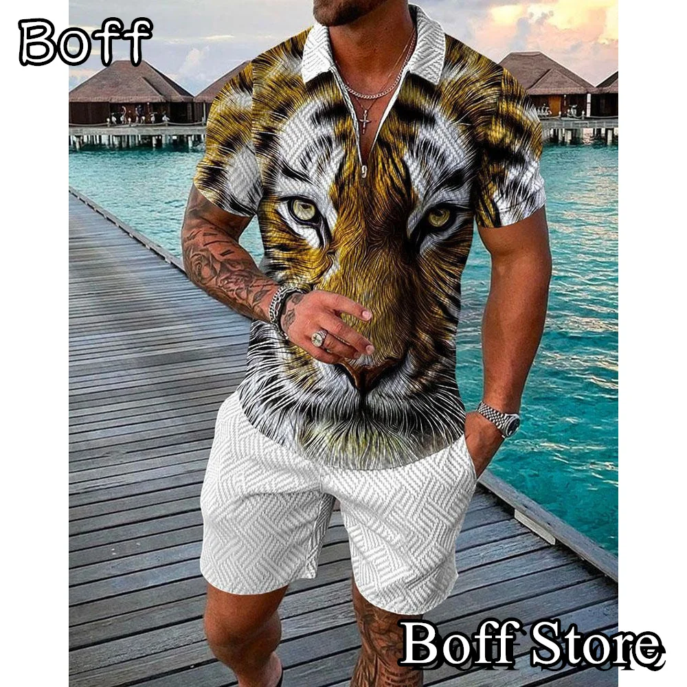 

Summer Men Luxury Polo Set Tiger Printed Tracksuit 2 Pieces Casual Polo Tshirt Shorts Set Hawaii Vacation Style Streetwear