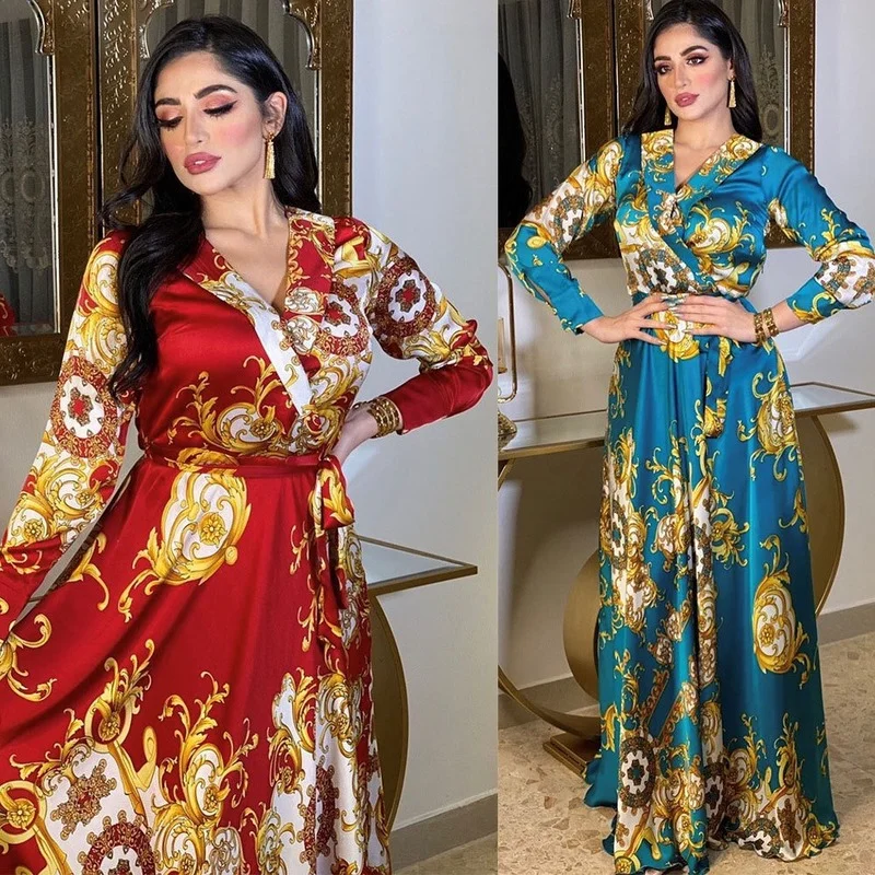 

New Year Vintage Ethnic Print Maxi Dresses Satin Spring 2022 Women Notched Empire Swing Middle Eastern Arabic Party Clothes Eid