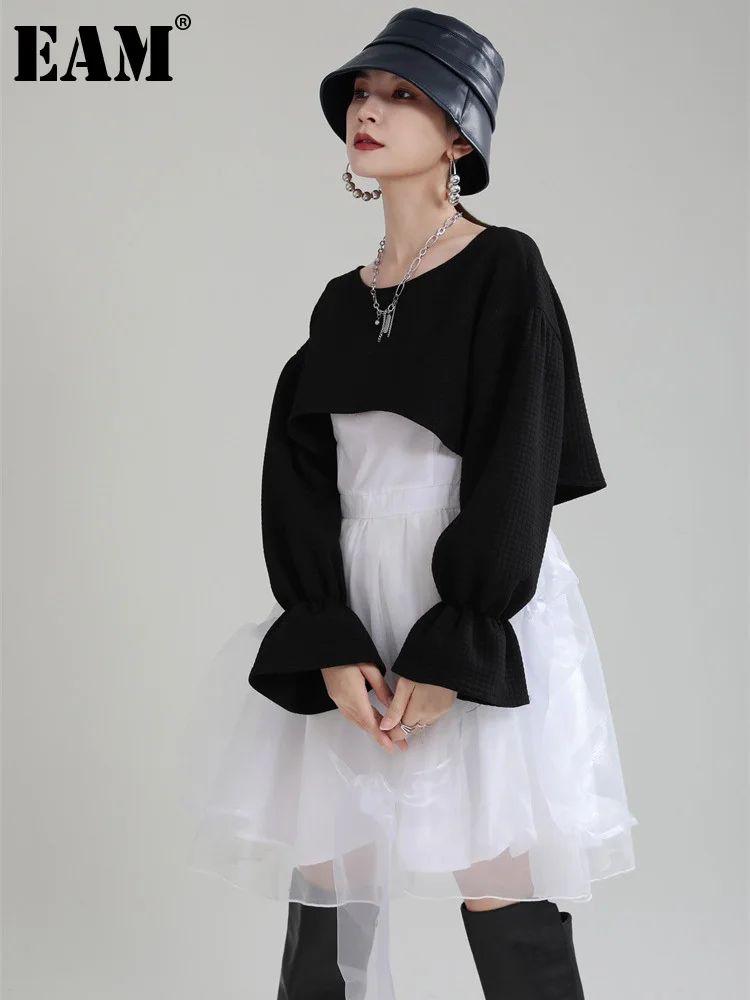 

[EAM] Chiffon Half-body Skirt Two Pieces Suit New Round Neck Long Sleeve Black Women Fashion Tide Spring Autumn 2023 1DF4870