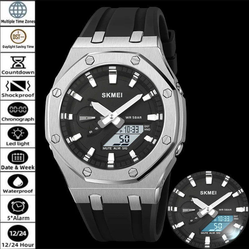 Фото Skmei Fashion World Time Многофункциональные спортивные часы для мужчин Светодиодный водонепроницаемый цифровой аналоговый дисплей Роскошные кварцевые наручные часы №1