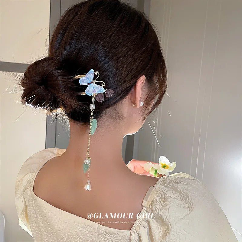 

Minar Chinese Style Colorful Butterfly Wings Hair Sticks for Women Gold Color Metallic Bell Orchid Leaf Hair Clips Headwear 2022