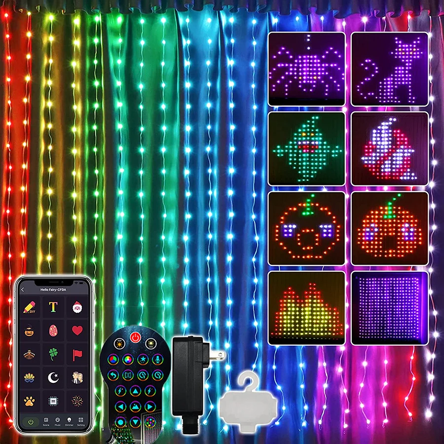 3x3M Smart LED Curtain String Light Bluetooth APP Controlled Window Wall Hanging DIY Curtain Light for Christmas Party Decor