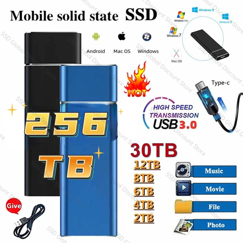 

External Solid State Disk 16TB Hard Drive High Capacity Portable 500GB 8tb 64tb SSD Hard Disk Storage Device for Computer/Laptop