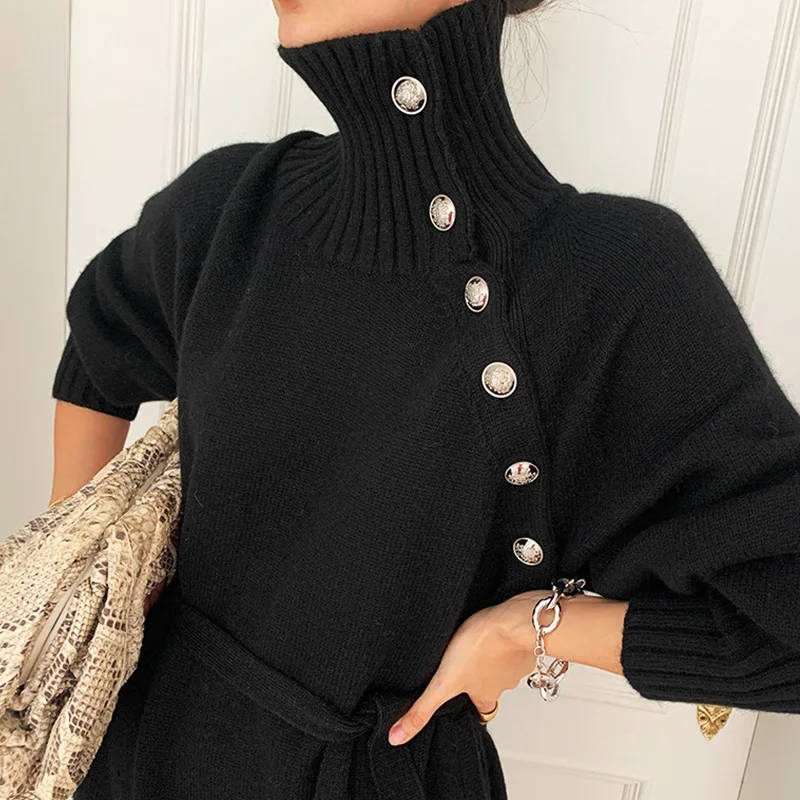 Knitted Sweater Dress Turtleneck Full Sleeve Elegant Midi Dress with Buttons One Size Winter Dresses for Women Bodycon Dress