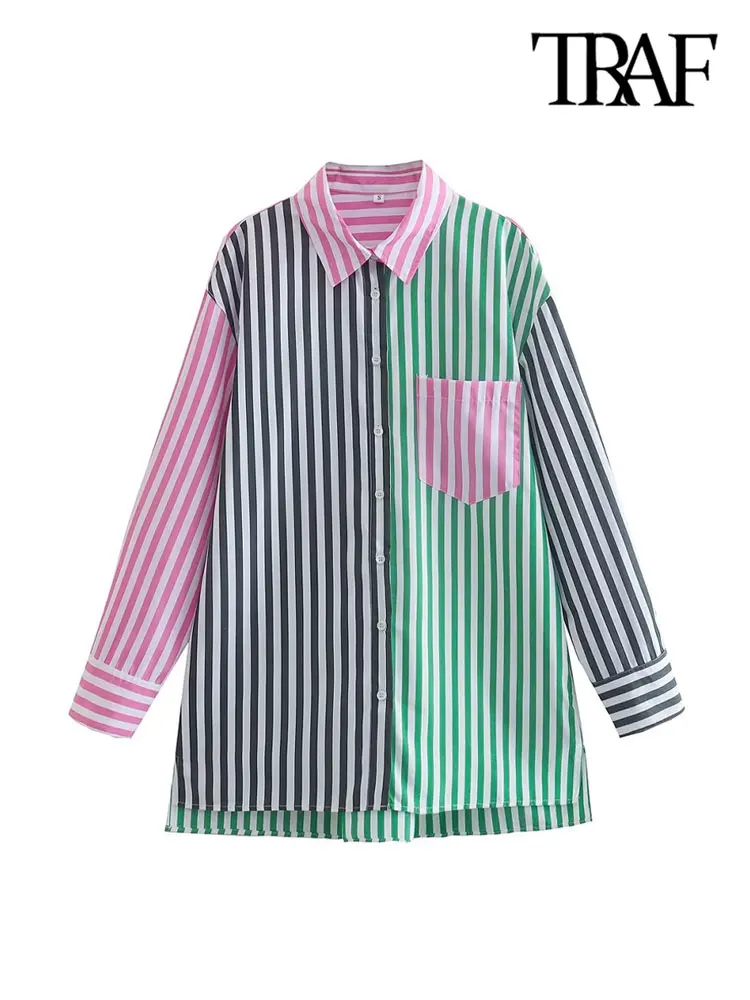 

Модные Полосатые свободные рубашки TRAF с карманами, винтажные женские блузки с длинным рукавом и пуговицами спереди, шикарные топы