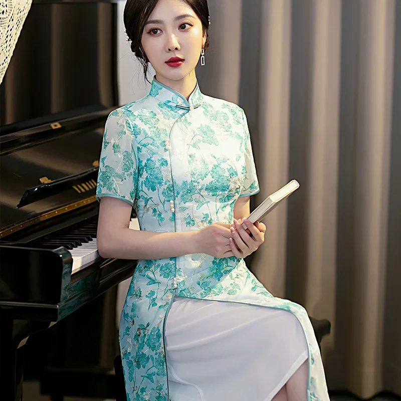 Qipao Short Sleeve Mid Length Summer Printing Flowers Lady Mandarin Collar Chinese Dress Style Wedding Party Vestidos