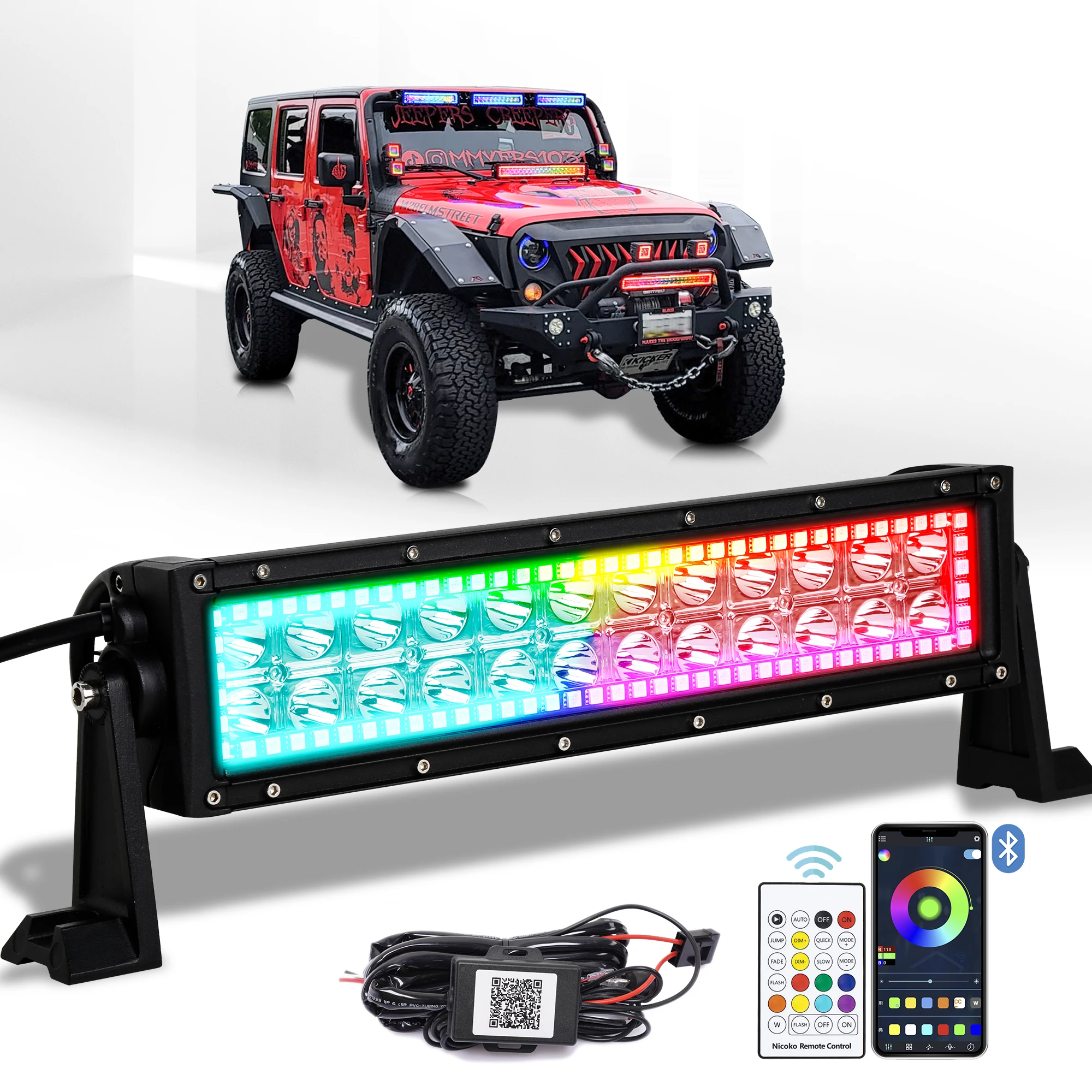 

12inch 72W Led Light Bar with Chasing RGB Halo Bluetooth&Remote control IP68 waterproof dust for Truck.