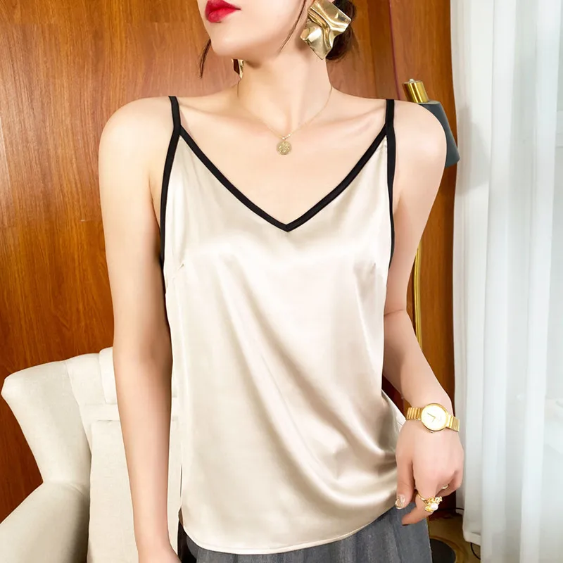 

Women's Satin Silk V-Neck Korean Style Fashion One Shoulder Strap Simple Vest Contrast Color French Refreshing Elegant Chic Top