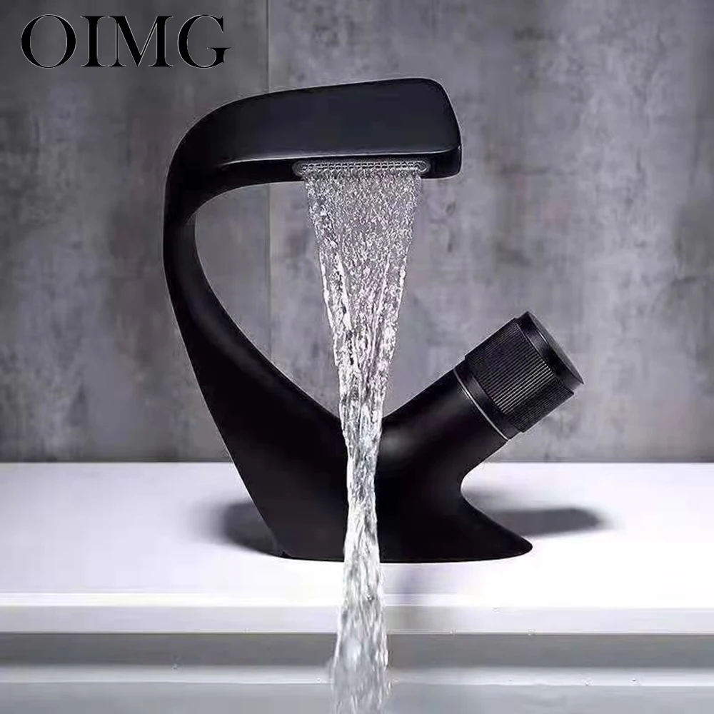 

OIMG Baisn Faucet Matte Black Waterfall Bathroom Sink Faucet Sinlge Handle Mixer Tap Hot Cold Water Crane For Bathroom Basin Fau