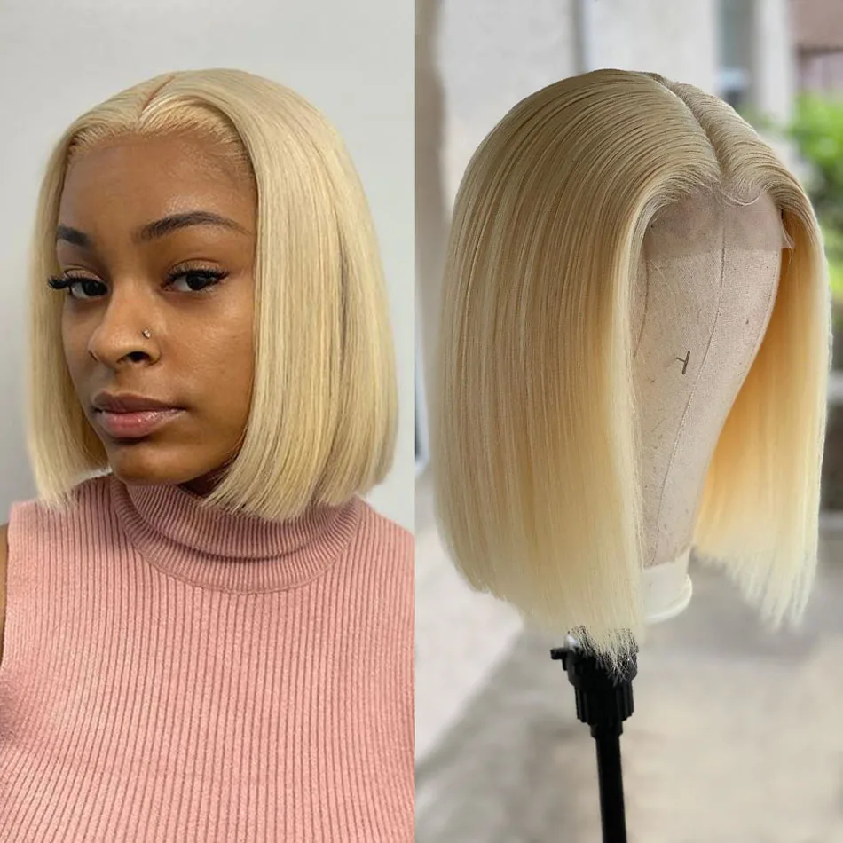 Short Straight Bob Wig 613 Blonde T Part Lace Frontal Wig Brazilian Transparent Pre Plucked Lace Front Human Hair Wigs For women