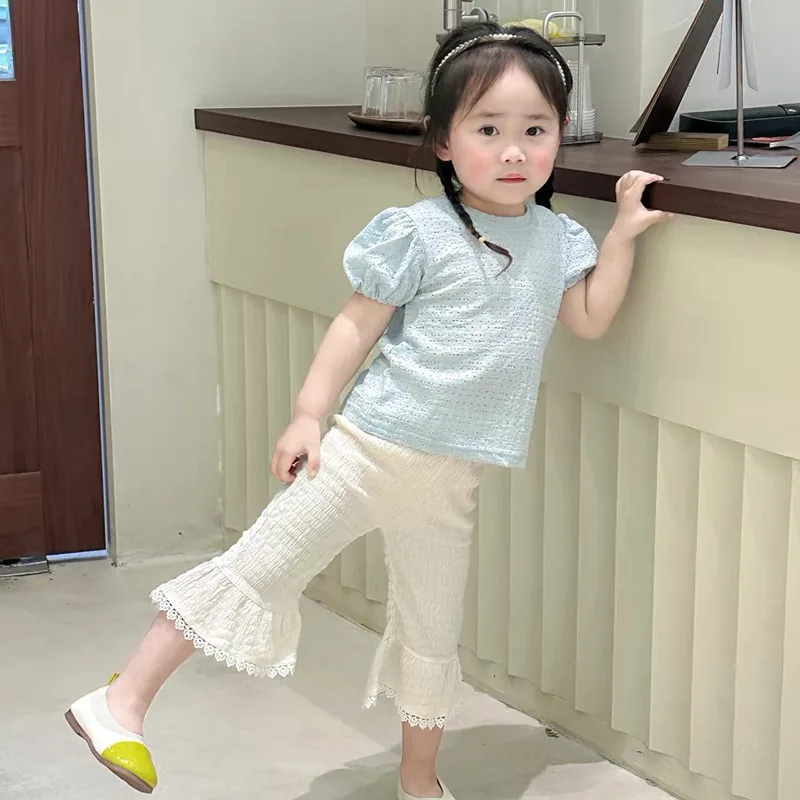 

Girls Set 2023 Summer New Fashion Bow Bubble Sleeve T Shirt Pleated Flare Pants Casual Simple Sweet Two Piece Set for Girls