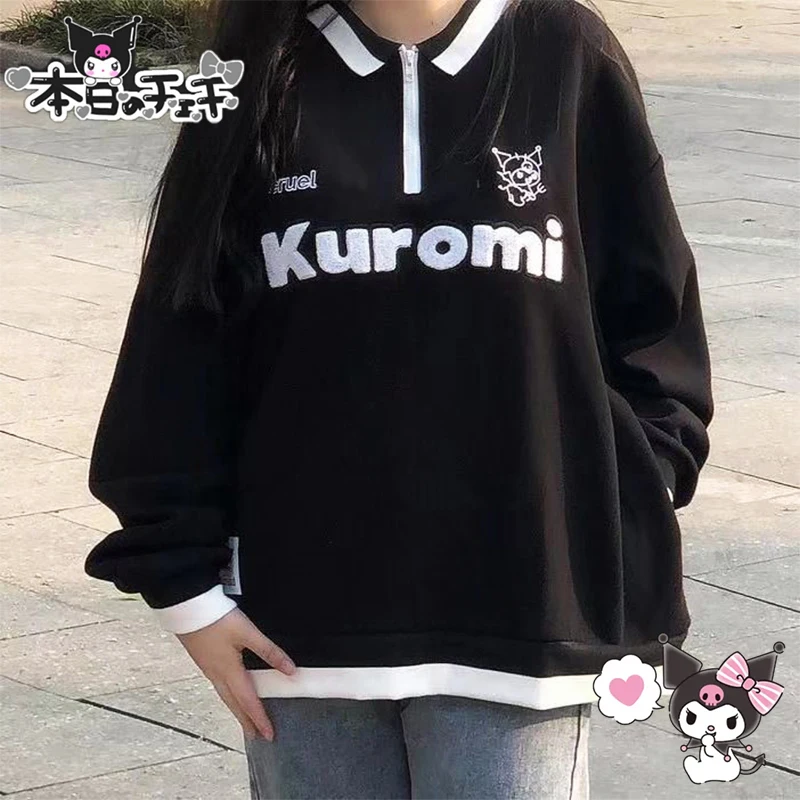 

Cartoon Kuromi Hoodie Sanrio Kawaii Anime Soft Stuffed Warm Printed Embroidered Half Zipper Loose Top Clothes Toys Girls Gifts