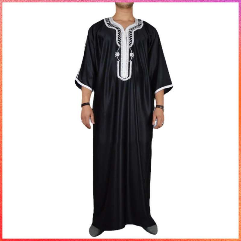 

Men's Muslim Double-layer Collar Embroidery Ramadan Thobe Long Sleeve Loose Abaya Robes Fashion Saudi Arabia Dubai Mens Jubba