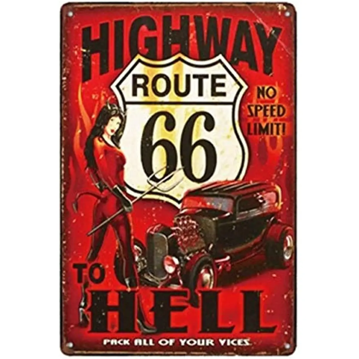 

Metal Tin Sign Vintage Chic Art Decoration Highway Route 66 to Hell Car for Home Garage or Club 12" X 8"
