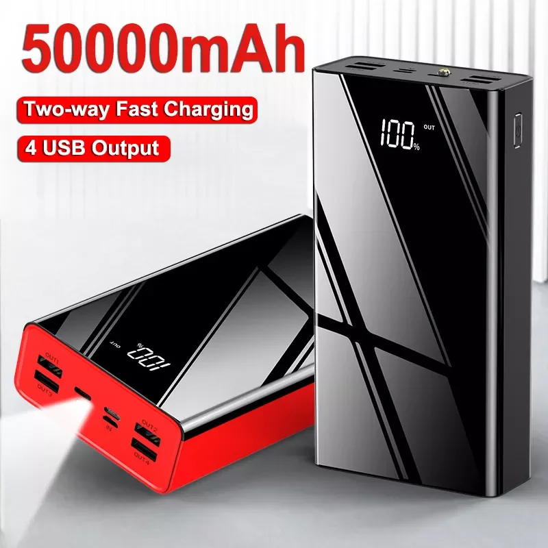 

Two-way Fast Charging Power Bank High Capacity 50000mAh Charger Digital Display 4USB External Battery Flashlight for iPhone mi
