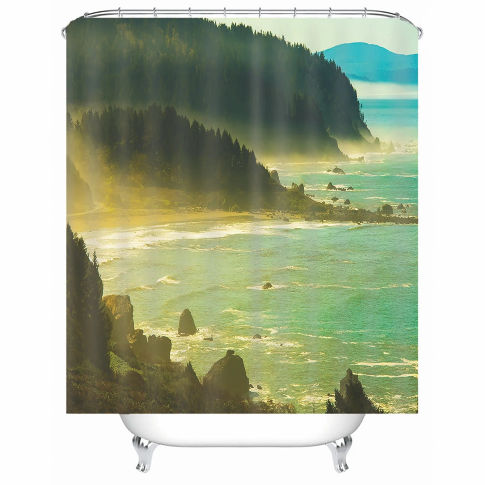 

Shower Curtain Elegant Polyester Mountain Sea Green Mold & Mildew Resistant Waterproofwith Rustproof Grommets Hooks