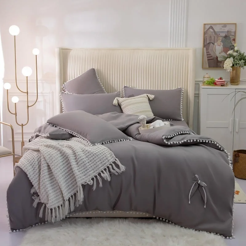 

Pom Fringe Bow Duvet Cover 4Pcs Ultra Soft Solid Color Brushed Microfiber Bedding Set Peach Blue Bed Sheet Pillowcases