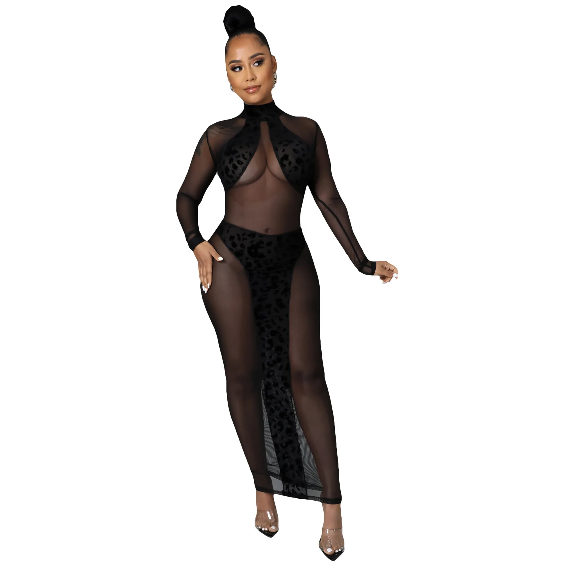 

Women Flocking Leopard Mesh See Though Long Sleeve Bodycon Midi Maxi Dress for Summer Spring Sexy Night Party Club 2022