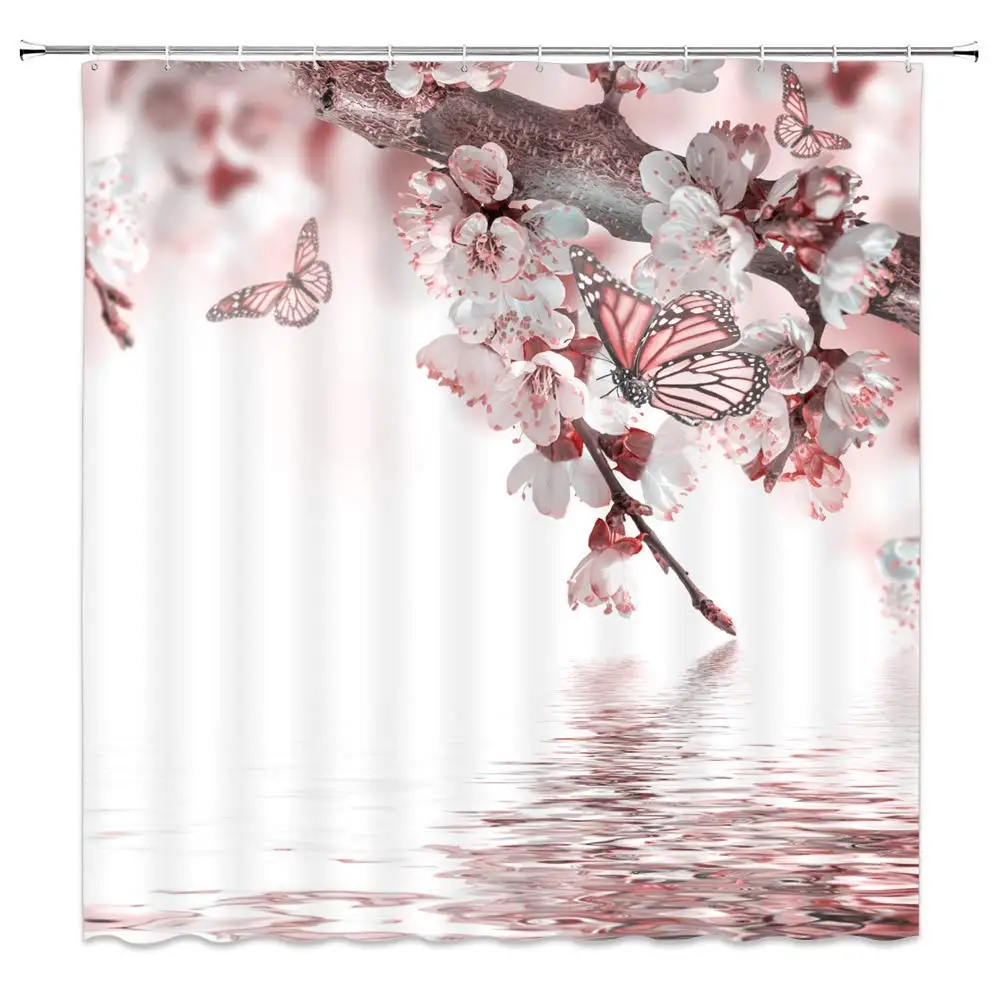 

Curtain Japanese Shower Curtain Floral Sakura Plum Blossom Flower Shower Curtains Teal Blue and Pink Decor Cherry Blossom Shower