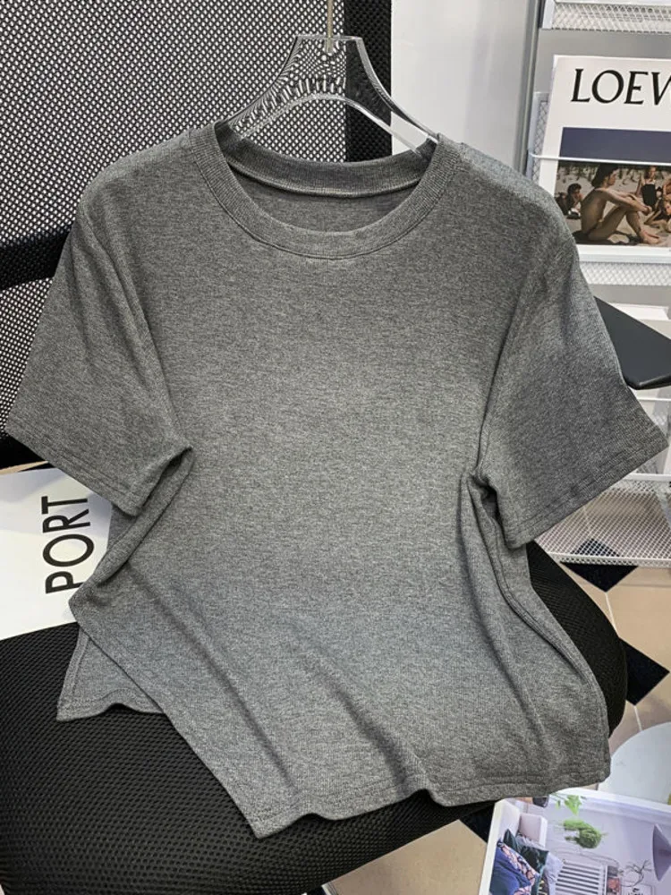 

oversize M-3XL split chic tees tops 2022 summer short sleeve slim solid color large tshirt simple design t-shirts