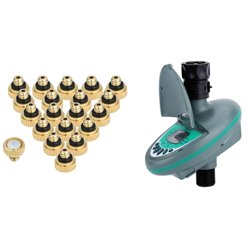 

20Pcs Brass Misting Nozzles For Cooling System 0.012 Inch(0.3 Mm)& 1 Pcs Home Automatic Smart LCD Display Water Timer