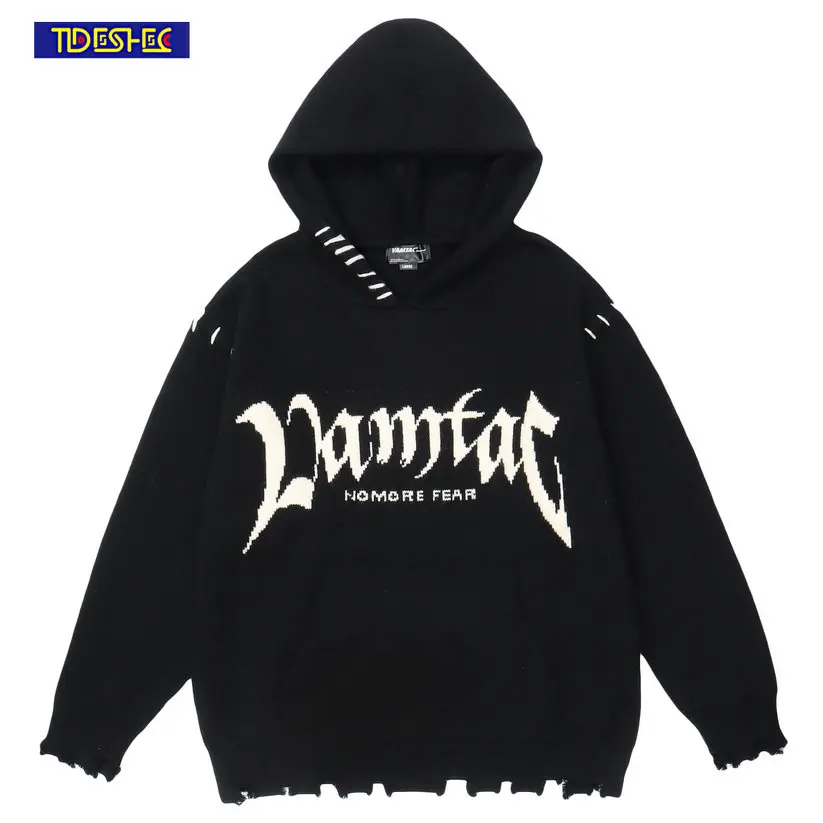 

Men Pullovers Hooded Sweater Letter Embroidery Creative Men Knitted Streetwear Oversized Harajuku Knitwear Destruction Hem Mens