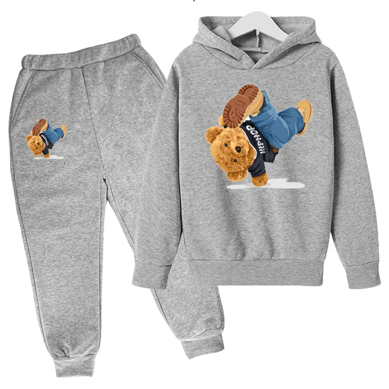 

2022 Children's Cotton Hooded Pullovers Spring Autumn Children's Clothing Street Dance Cartoon Bear Print Boys Girls Tops 4T-14T