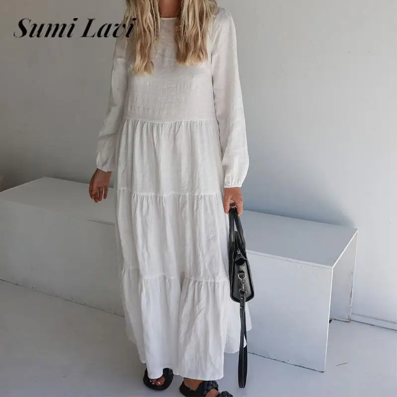 

Spring Round Neck Long Sleeve Loose Long Dress Casual Women's Solid Color Simple Dress All-match Women's Splicing Pleated Dress
